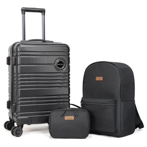 Aklsvion 20 Inch Suitcase Set PC Hard Shell Luggage Hand Luggage Travel Trolley Case Cabin Bag Sets 3 Piece Luggage Sets with Travel Backpack and Toiletry Bag for Short Travel (Black)