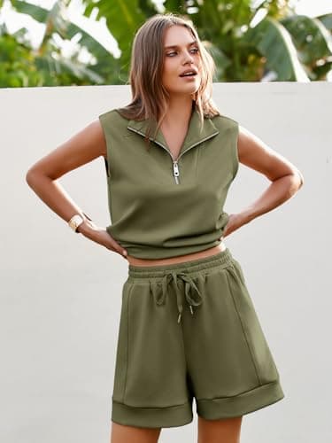 Glamaker Women's Two Piece Short Sets Summer Lounge Sweatsuits Air Essentials Sleeveless Outfits Travel Tracksuit, Olive Green, S — view 2