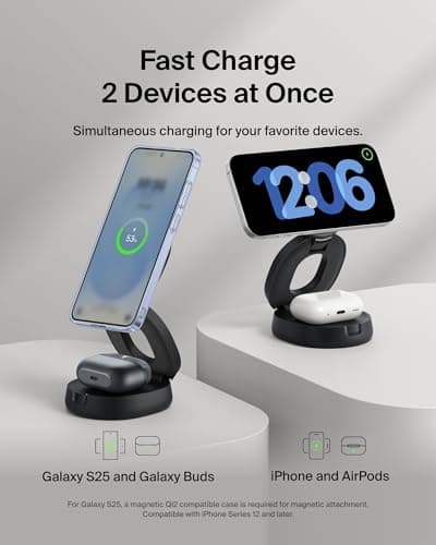 Belkin 2-in-1 Convertible Wireless Charging Station, Wireless Portable Charger 15W, MagSafe-Compatible Qi2 Charger for iPhone 17, Air, AirPods with Weighted Non-Slip Base, 30W Charger Included - Black — view 2