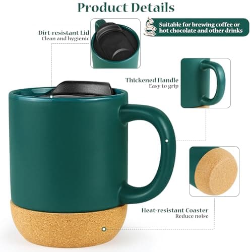 Hioph Ceramic Travel Mug with Lid and Handle, 400ML Coffee Cup (Green) — view 4