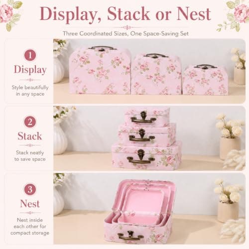 Cabilock 3 Pcs Paperboard Suitcase Box Set Floral Print Flower Storage Gift Boxes with Handles Decorative Cardboard Storage Box for Wedding Birthday Baby Shower Anniversary Party — view 5