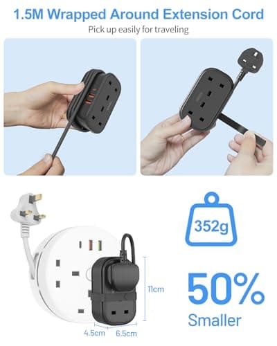 Travel Extension Lead, FDTEK 2 Way Power Strip with Retractable USB C Cable and 3 USB Slots, Small UK Extension Socket with 1.5M Cable for Travel Home Office Camping Cruise — view 4