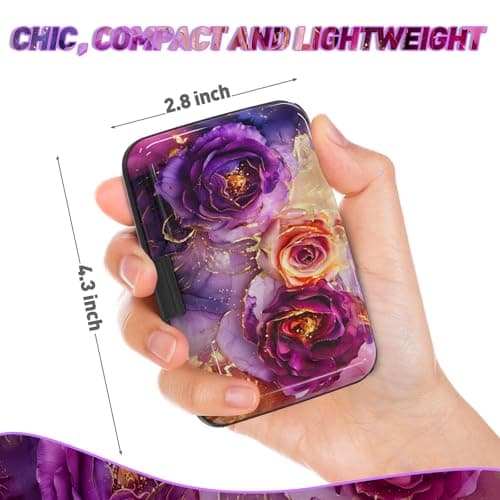 Credit Card Holder, Mini RFID Small Aluminum Card Wallet, Blocking Slim Metal Business Card Case, RFID Blocking Front Pocket Wallet Hard Case Durable CC Holder for Women Girl, Purple Marble Flower — view 3
