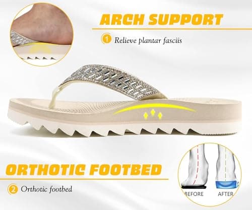 KuaiLu Womens Orthotic Flip Flops with Arch Support Yoga Mat Cushion Fashion Rhinestone Sandals Summer Walking Beach Travel Thong Slides Comfy Plantar Fasciitis Outdoor Sandle Beige White 6.5 — view 3