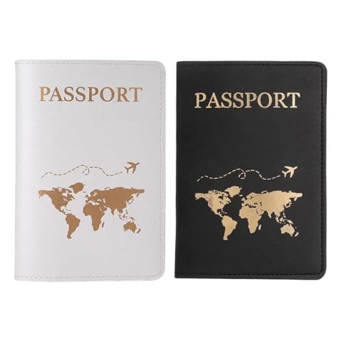 2 Pcs Passport Holder, PU Leather Passport Cover, Travel Wallet Case Organiser for Passport, Ticket, Boarding Pass, Business Card, Credit Card (White, Purple)