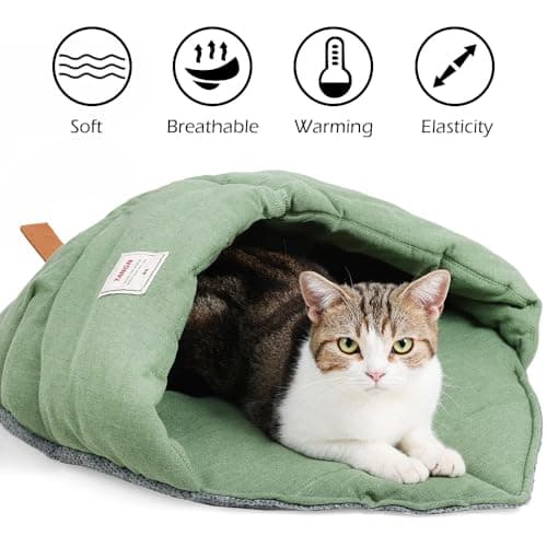 TANGN Cat Sleeping Bag, Linen Fabric Bed Cave Leaf Nest Pet Cuddle Zone Covered Hide Hood Burrowing Cozy Soft Durable Washable with Non-Slip Bottom for Indoor Puppy and Kitten (Green) — view 2