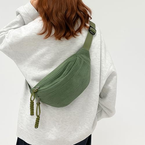 AYNKH Fanny Pack Ladies Corduroy, Shoulder Bag Ladies, Stylish & Practical Chest Bag, for Outdoor Sports Travelling Running School (Green) — view 4