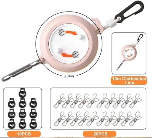 ZIOYANE 10m Retractable Washing Line, Durable Portable Clothesline for Camping Travel Washing Line Adjustable Drying Rope with 20 Clips and 10 Hooks for Indoor/Outdoor Use in The Garden or Bathro — view 3