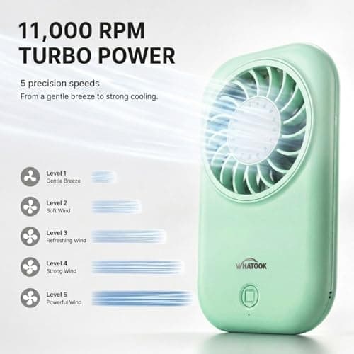 WHATOOK Mini Handheld Turbo Fan: 0.59in Ultra-Slim & 0.12lbs Light Pocket Fan, 11000 RPM Power, USB-C Rechargeable Portable Small Personal Hand Fan for Travel Essentials, Outdoor, Gift, Green — view 3