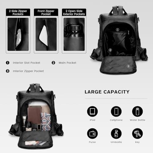 molshine Women PU Leather Backpack,Anti-Theft Travel Rucksack Fashion Casual Bag Shoulder Daypack Handbag Purse for Ladies Fits 13 inches Tablet Laptop (Black) — view 4