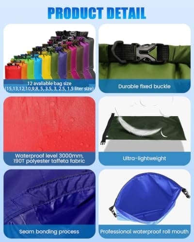 Evolpor 12 PCS Waterproof Dry Bag Set, Multi Size Dry Bags Waterproof for Kayaking Camping Hiking Fishing Boating Travel, Lightweight Waterproof Storage Bags with Roll Top Closure (Multi Colour) — view 3