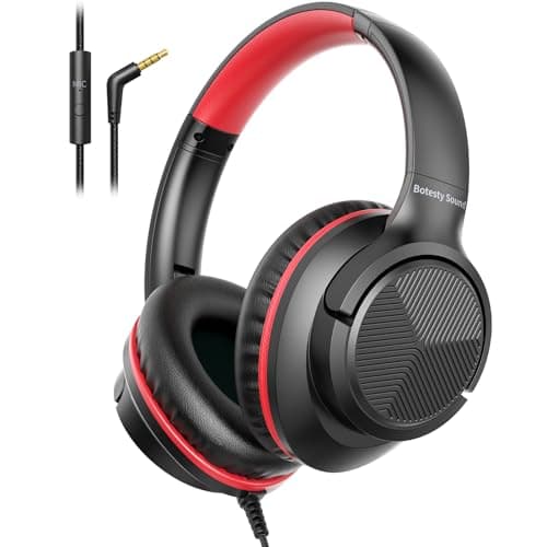 Wired Headphones with Microphone, 3.5mm Headphones for School, Black Red
