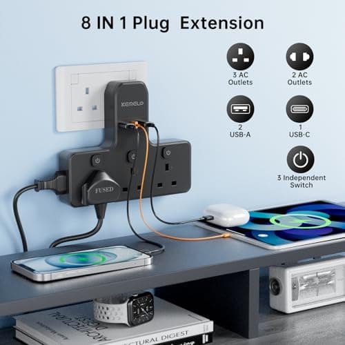 Multi Plug Adapter (3250W/13A), Plug Extension Socket with 3 USB, 3 Way Plug Adapter UK Built-in with Independent Switches,Wall Plug Extender for School Home, Kitchen, Office — view 2