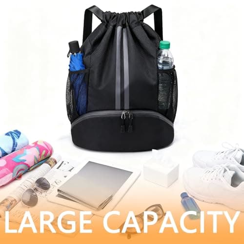 YANJINGSHE 35L Waterproof Drawstring Bag - Sports & Swimming Backpack with Shoe Compartment & Wet/Dry Pockets and mesh Water Bottle Pocket for Gym, Football & PE Kit (Black) — view 3