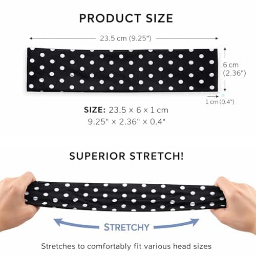 Black and White Polka Dot Sports Headband Set - Elastic Wide Fabric Non Slip Hair Band for Women, Gym, Yoga, Fitness, Running, Daily Wear, Workout Travel Styling, Soft Retro Stretch Headband — view 5
