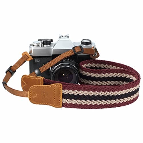 Padwa Lifestyle Stripes Camera Strap - 1.5" Crazy Horse Cowhide Head Soft Cotton Rope Weave Camera Straps for Photographers and All Cameras,Cute Adjustable Vintage Woven Strap for Adults & Kids