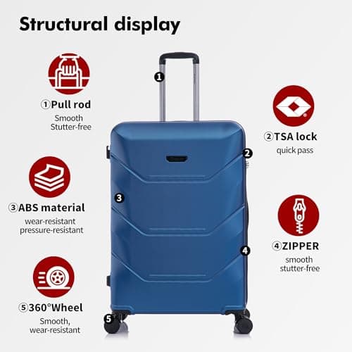 Rocklands® Medium Suitcase Hard Shell Thick ABS with TSA Combination Lock, 4 Dual Spinner Wheels, Lightweight Luggage Durable Travel Trolley Case (Navy Blue, Medium 24 Inch) — view 3