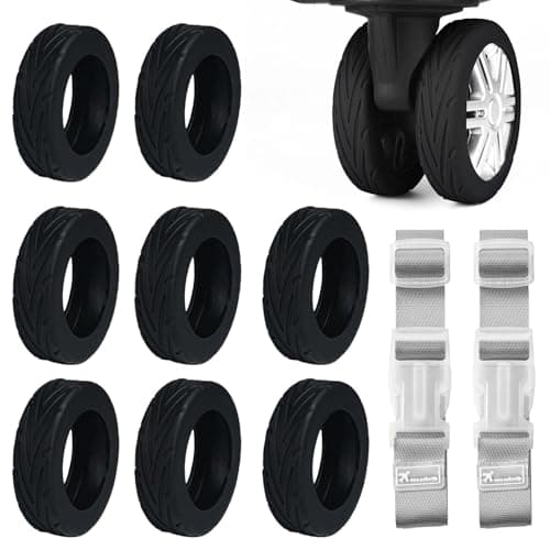 8 Pcs Luggage Wheel Covers with 2 Securing Straps, Silicone Suitcase Wheel Protectors for 2-2.4 Inch Spinner Wheels, Noise Reducing Anti Scratch Anti Slip Covers for Carry-On Travel Luggage, Black