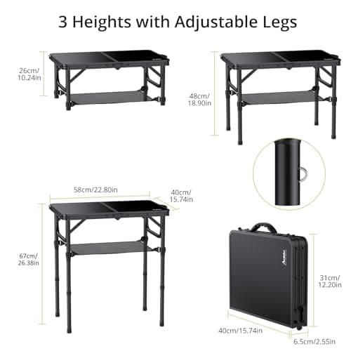 Anbte 2ft Folding Camping Table with Storage Net, 3 Adjustable Heights Small Folding Table Lightweight & Portable with Carry Handle, for Camping, Fishing, Picnic, Beach, Outdoor, 60 x 40cm, Black — view 3