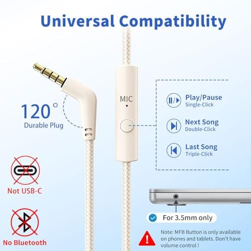 Wired Headphones with Microphone, 3.5mm Corded Headphones for School, Beige — view 4