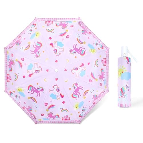 Kids Folding Umbrella, Windproof Automatic Travel Umbrella for Girls Pink