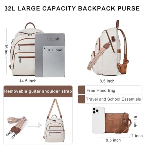 LATMAP 32L Vegan Leather backpack Women 14.5"x8.5"x16",Laptop Backpack for Women College Daypack Work Handbag Travel fits 14" Laptop Business,Beige — view 3