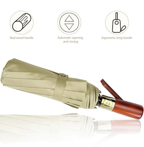 Pdyay 10 Ribs Folding Umbrellas Portable Windproof Waterproof Compact Umbrella with Auto Open and Close for Travel Outdoor Golfing Camping (Khaki) — view 5