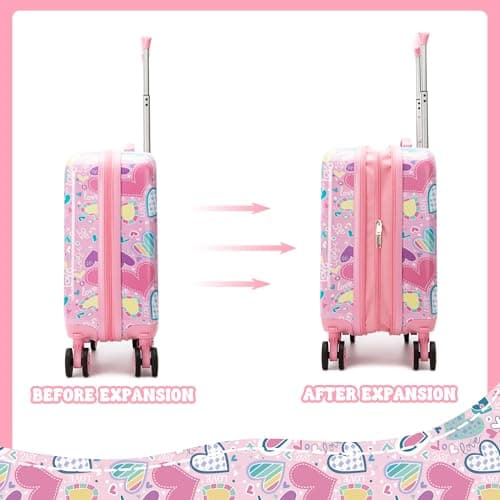 HTgroce 2 Pcs Children's Suitcase, Travel Suitcase for Children with Travel Pillow, Luggage Tag, Suitcase for Girls with Universal Wheels, A-pink Heart, M — view 6