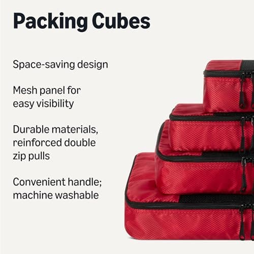 Amazon Essentials 4-Piece Packing Cubes Travel Accessories Set, Luggage Organiser with Double Zip, Mesh Top, Polyester, Small/Medium/Large/Slim, Red (Previously Amazon Basics) — view 2