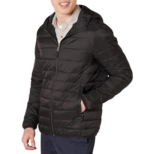 Amazon Essentials Men's Lightweight Water-Resistant Packable Hooded Puffer Jacket, Black, S