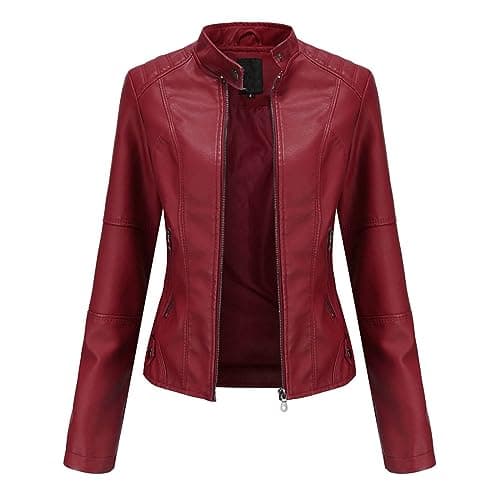 Faux Leather Jacket For Women Zip Up Moto Biker Classic Short Coat Slim Fit Long Sleeve Solid Color Stand Up Collar Women's Coat Lightweight Waterproof Jacket with Zipper Pocket — view 2