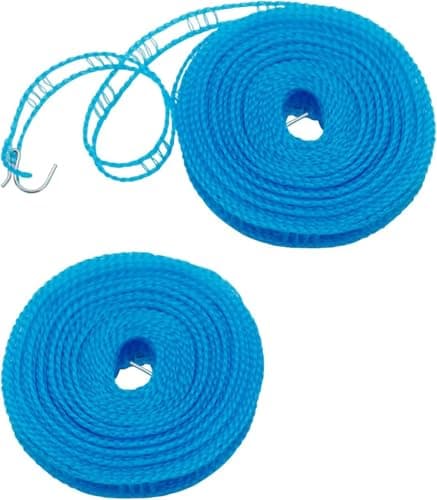 2 Pack Windproof Portable Clothesline with 16ft Rope & 2 Hooks - Compact Fence-Style Non-Slip Laundry Line for Travel, Camping & Outdoor Use, Blue