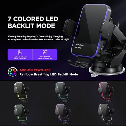 Car Phone Holder Wireless Charger,【7 Colored RGB Backlit】MOSURR 15W Auto Clamping Wireless Car Charger Mount for iPhone 16 15 14 Mini Pro Max, Samsung Galaxy S26 Ultra S25 S24+, etc — view 2