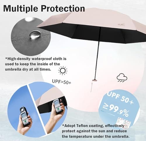 Mini Travel Folding Umbrella with Micro handle for Men Women Kids/Coating Layer Fabric/Anti UV/UPF 50+/Sun Protection 99.9%/Compact/Lightweight Small Portable/Rain/Blocking/Backpack Purse Pocket — view 3