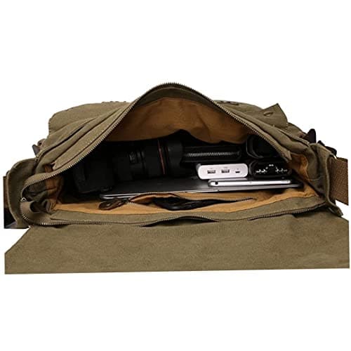 Canvas Messenger Bag, Vintage Leather Trim, Army Green, 32cm Water Bottle — view 4