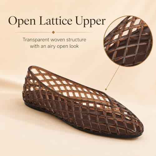 Jelly Shoes for Women PVC Jelly Flats Slip On Mesh Lattice Sandals Brown — view 5