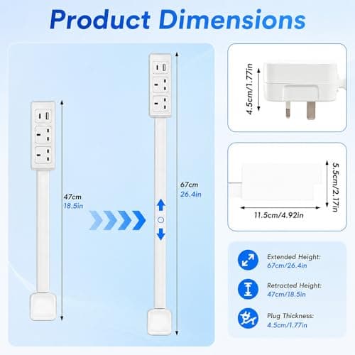 Rppiup Expandable Rotary Socket, Extension Socket Features USB-A USB-C & 2 AC Outlets, Outlet Extender UK, Hard-to-Reach Outlets in Narrow Places, Extends 17"-27" Rotates 180° Plug Extension Plug — view 2