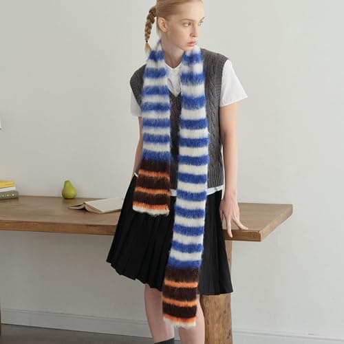 BABIBAOBEI Color Blocking Stripe Knit Scarf Soft Knitting Fabric Neckerchief Lightweight Unisex Winter Accessory for Family Travel Lightweight Travel Friendly Scarf — view 4