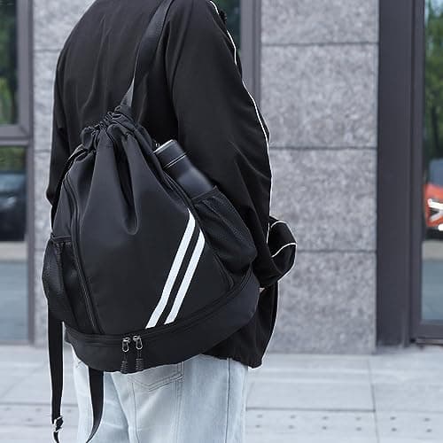 Drawstring Gym Backpack, Waterproof Sports Bag with Shoe Compartment, Large Capacity Gym Bag, Black PE Bags, Sorts Backpacks for Men Women, Durable Drawstring Backpack for Football, Swimming, Holiday — view 6