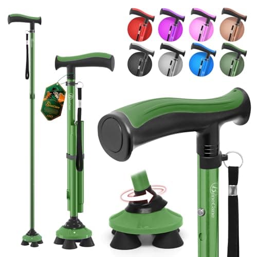 BeneCane Walking Cane for Men & Women Walking Stick for Seniors Folding Canes Quad Cane Adjustable Lightweight Sturdy Free Standing Collapsible Heavy Duty with Soft TPR T-Handle and Travel Bag