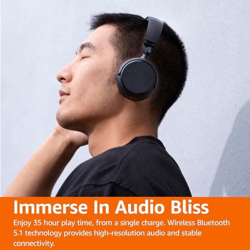 Amazon Basics Wireless Bluetooth 5.1 Over-Ear Headphones, 35h playtime, Lightweight, Adjustable, for Travel, Office, Mobile Phone, PC, Black — view 2