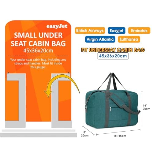 for Easyjet Airlines Cabin Bag 45x36x20 Underseat Foldable Travel Duffel Bag Holdall Tote Carry on Luggage Overnight for Women and Men 30L(Teal(with Shoulder Strap)) — view 2