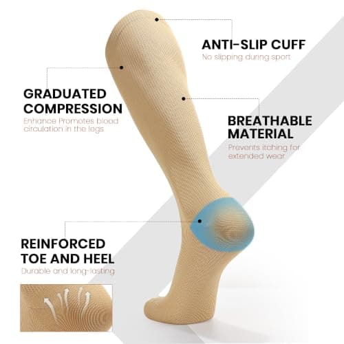 JASGOOD 2 Pairs Compression Socks for Women & Men,15-20 mmHg Knee High Travel Flight Socks for Cycling,Pregnancy,Long Standing,Work,Varicose Veins, Apricot, S/M — view 3