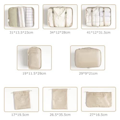 BillyBath Suitcase Organiser Set, Packing Cubes Clothes Bags Shoe Bag Cosmetic Travel Organiser Packing Bags for Suitcases (8 Pieces, Beige) — view 4