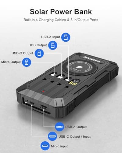 Solar Power Bank, 26800mAh Power Bank with 4 Built-in Cables, Portable Charger with USB-C Fast Charging, Qi Wireless Charging with LED Flashlights, for Cell Phones, Tablets, and Camping — view 3