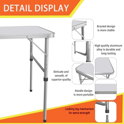 4FT Large Folding Table, Adjustable Heights Heavy Duty Folding Camping Table, Portable Lightweight Aluminum Trestle Table, Picnic Table with Carrying Handle, 120x60cmx3 Height 70/62/55cm, White — view 3