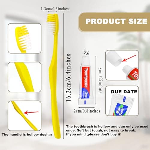 Hotel Toothbrush Set,200Pack Yellow Hollow Travel Toothbrush Set Individually Wrapped Disposable Toothbrushes with Toothpaste for Hotel,Homeless,Nursing Home,Charity — view 4