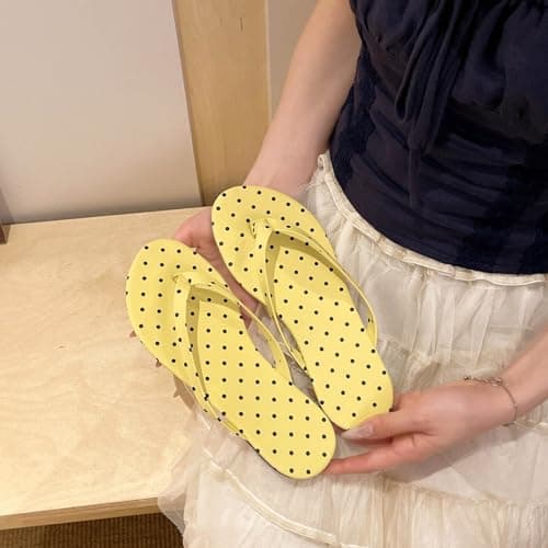 Jhebeks Yellow Women's Flip Flops Polka Dot Casual Summer Bathroom Outdoor Travel Beach Sandals Non-Slip Breathable Flat Ladies Slippers Soft Sole Lightweight Comfortable Shoes for Shower Size 6.5 — view 3