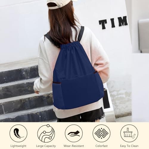 InfiniZer Sports Drawstring Bags Waterproof Swimming Bag for Kids Adults Unisex Large Capacity Foldable Gym Bag for Swimming Gym School Travel Hiking (Navy Blue) — view 6