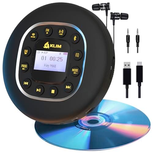 KLIM Journey - Portable CD Player with Long-Lasting Battery - New - with Headphones - Radio FM - Compatible MP3 CD Player Portable - SD Card, FM Transmitter, Bluetooth - Ideal for Cars